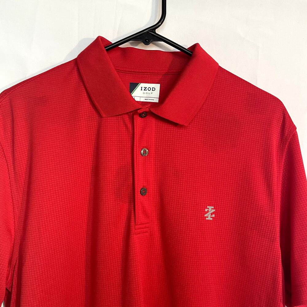 IZOD Golf Men's Red Polo Shirt Large 3-Button Short Sleeve Polyester Made Kenya